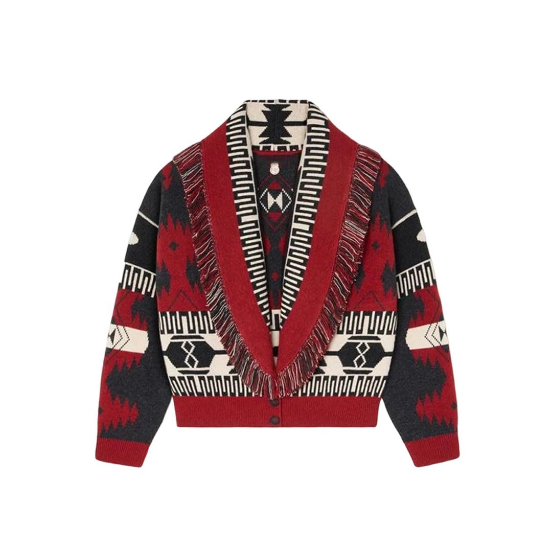 Womens Print Knit Cardigan Trim Belted Long Sleeve Lace-Up High Street Sweater