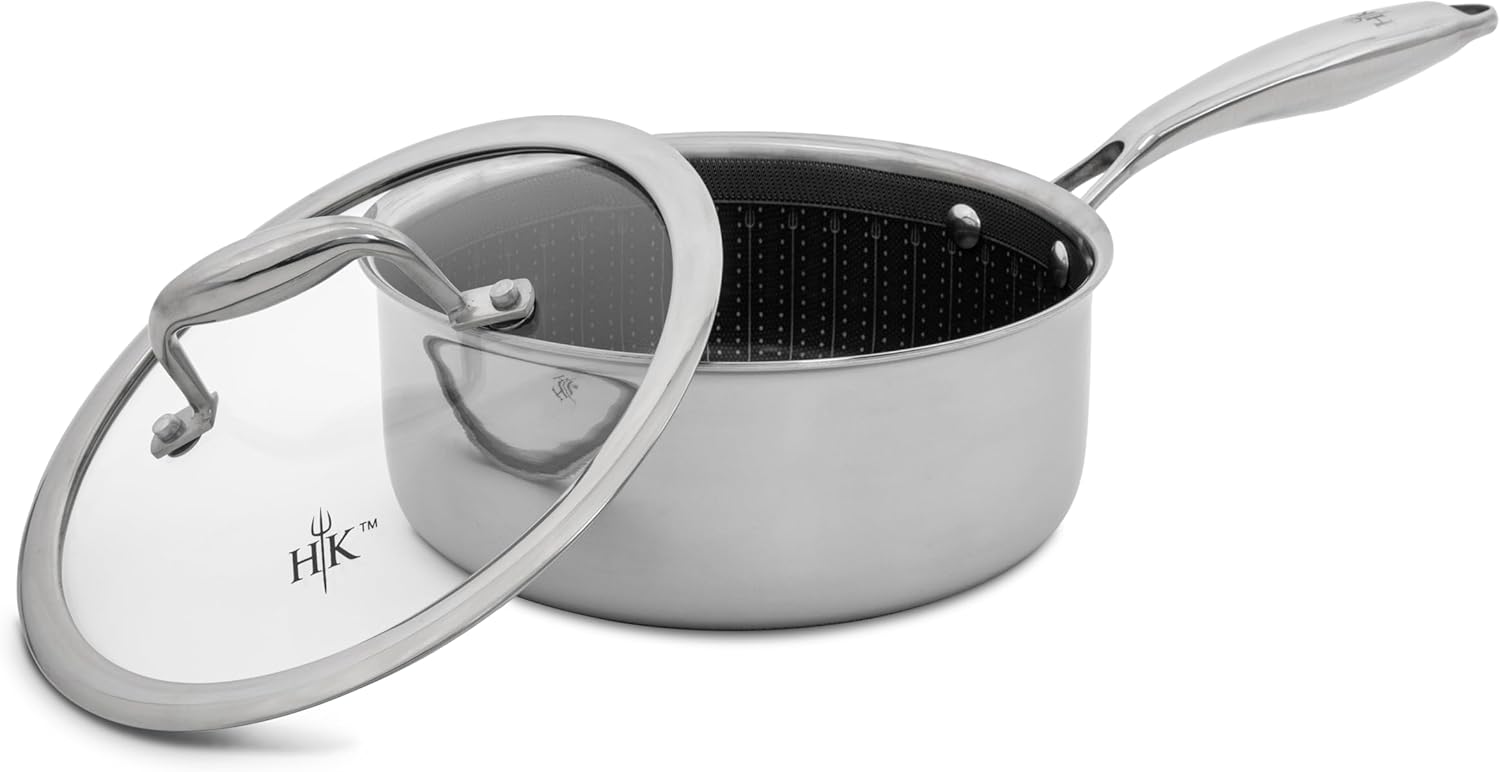 Hell's Kitchen Hybrid Cookware Set, Tri-Clad Stainless and Nonstick Ceramic, PFAS Free Non Toxic Cookware, Metal Utensil Safe, All Cooktops, Induction Ready and Oven Safe (6 Piece Pot + Lids Set)