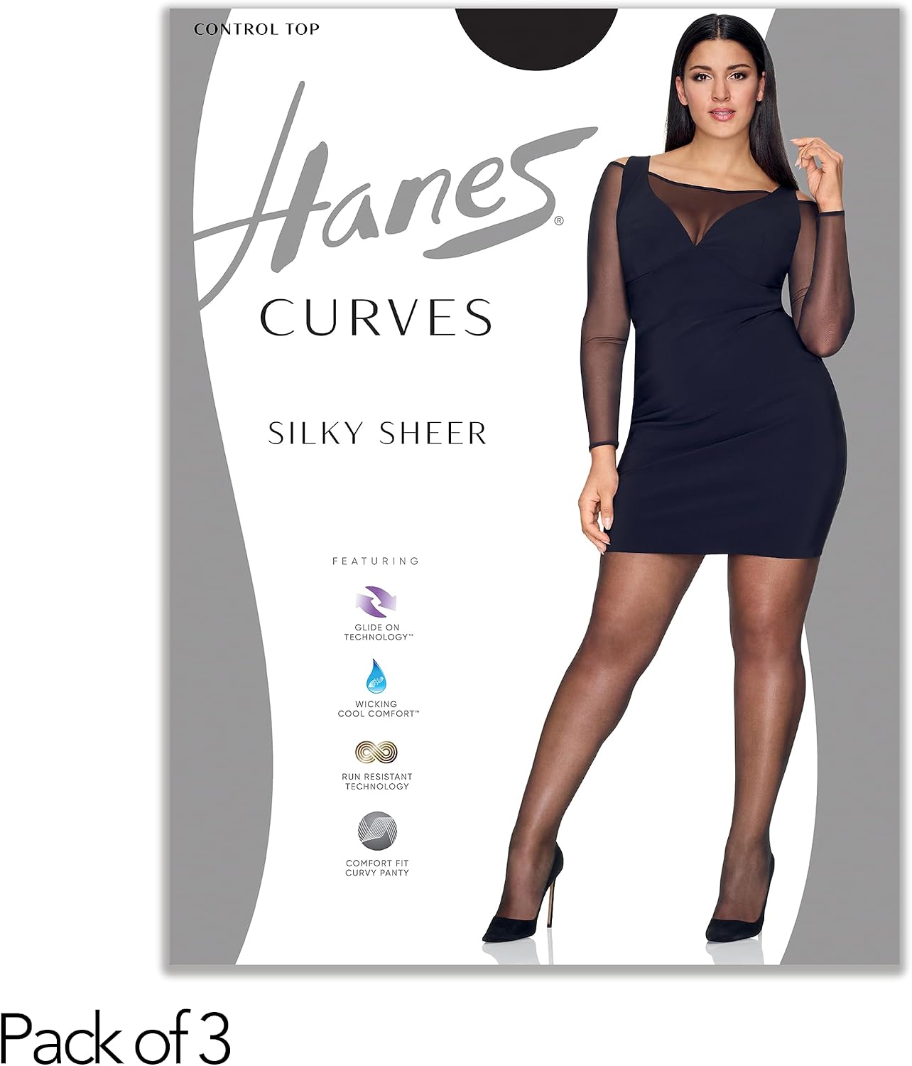 Hanes Women's Curves Control Top Sheer Toe Silky Sheer Pantyhose With Wicking Cool Comfort