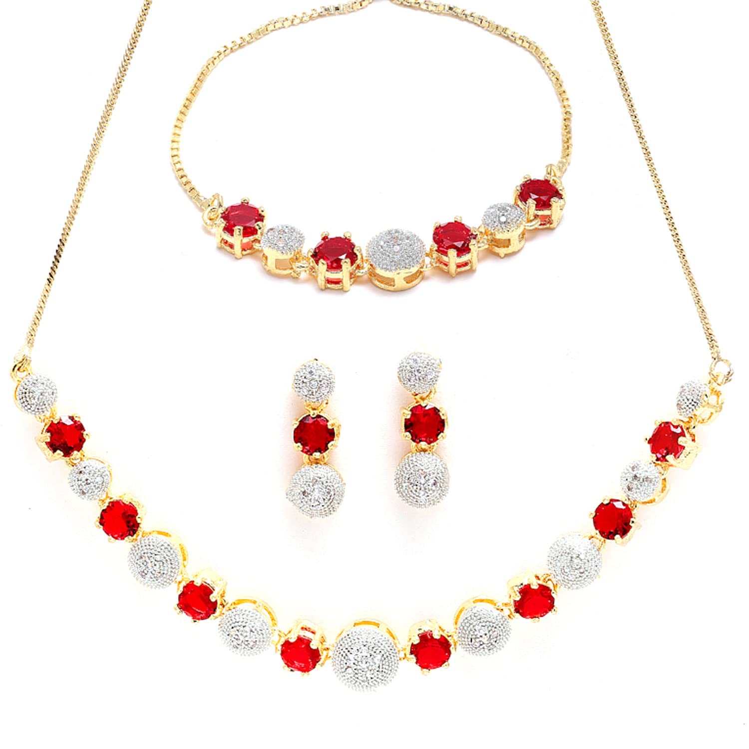KENNICE Gold-Plated Red & White American Diamond Studded Necklace With Earrings Bracelet and Ring Jewellery Set For Woment and Girls (B0BVVB4FW1) Amazon Price History, Amazon Price Tracker
