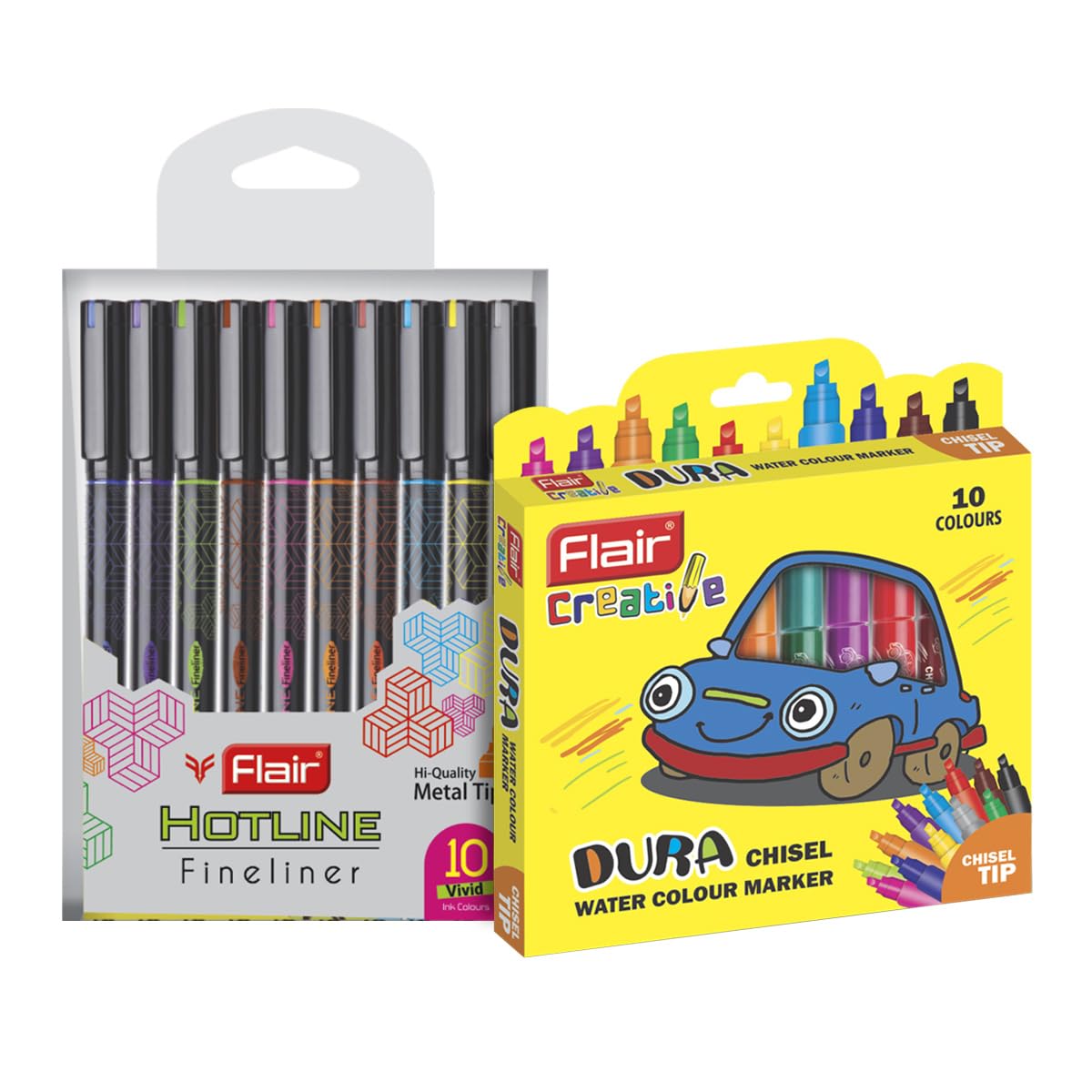 FLAIR Creative Series 10 Vibrant Colorful Shades Hotline Fineliner & 10 Bright Multicolor Shades Chisel Watercolor Pen Art Combo | Ideal for Mandala, Sketching, Doodling, Journal, Coloring, Painting