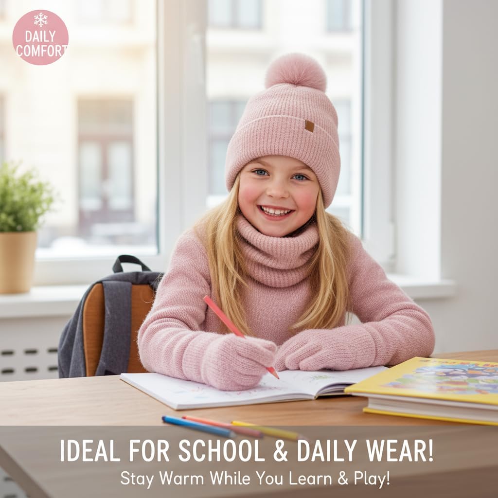 FENELY 3Pcs Kids Winter Beanie Hat Scarf Gloves Set for 4-10 Years Girls Boys Toddler Neck Warmer - Image 8