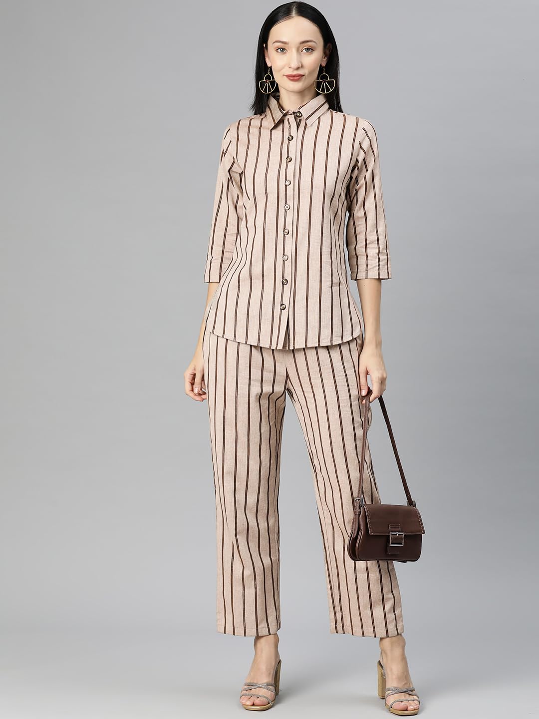 Cottinfab Coffee Brown Striped Pure Cotton Co-Ords 4