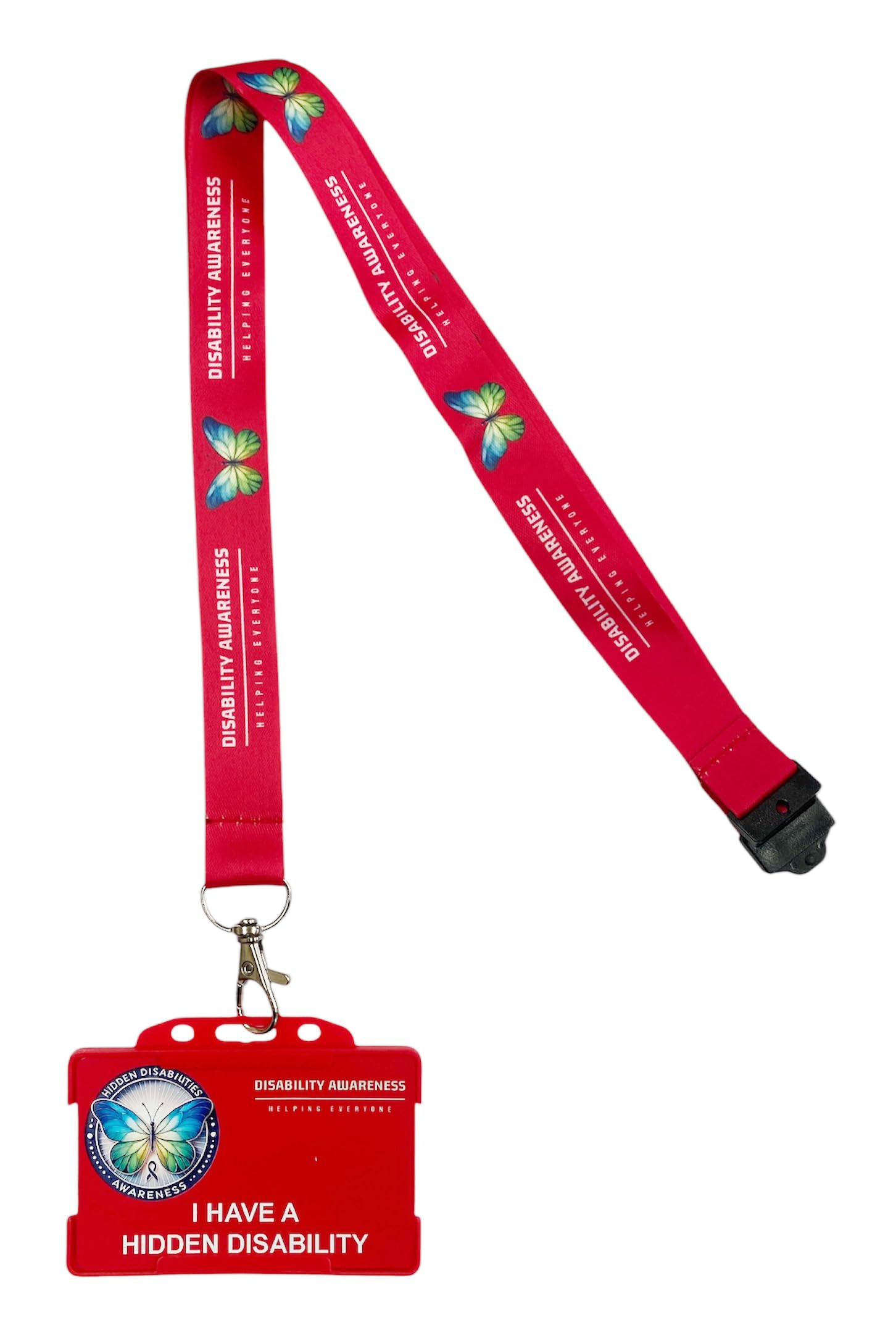 Hidden Disability Lanyard Awareness Badge from Quantum Leap with Butterfly Symbolising Change and Development for The Hidden Disability Community (Red Printed Lanyard) — image 1
