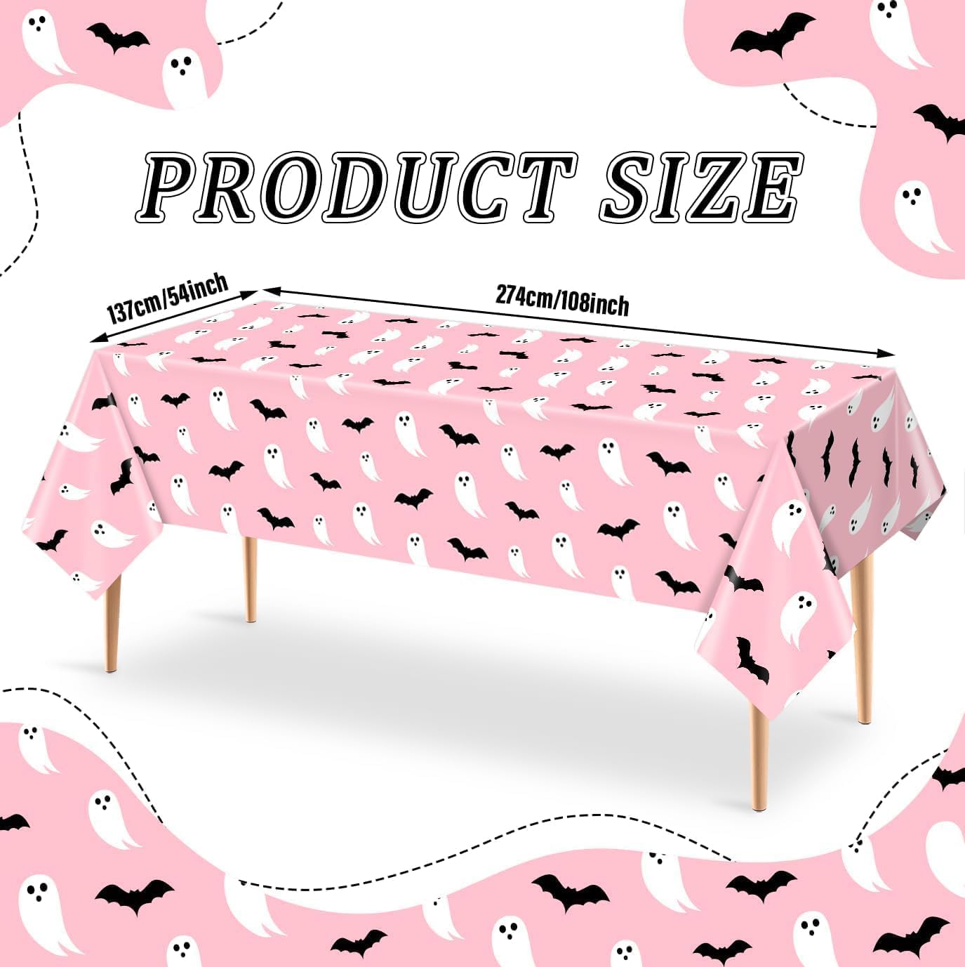 3PCS Pink Halloween Cute Ghosts Bats Plastic Waterproof Tablecloths Disposable Rectangular Table Cloths 54x108IN for Kids Girls Dining Table Decorations
