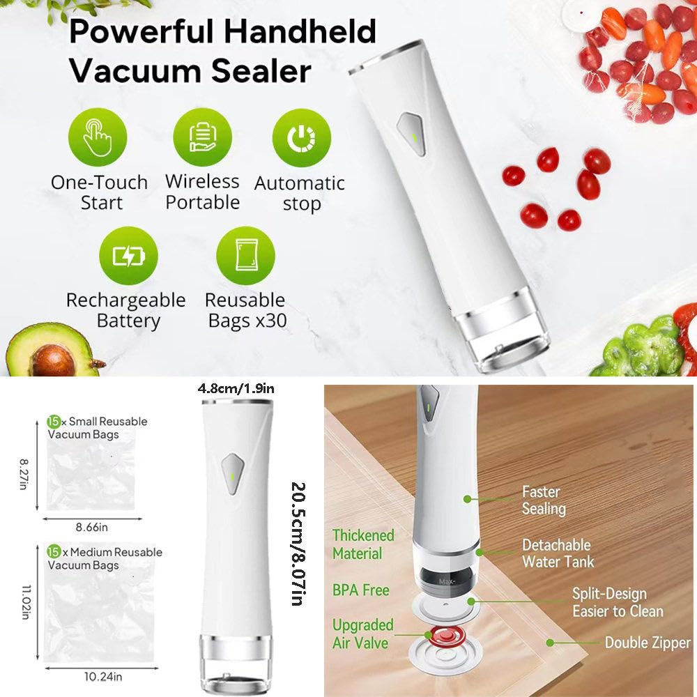 Handstaubsauger,Tragbares wiederaufladbares Vakuumiergerät für Lebensmittel mit 30 wiederverwendbaren Vakuumbeuteln,Starke Saugkraft für Lebensmittelaufbewahrung,Mini Food Saver 5X Fresh für