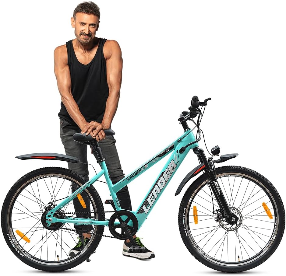 Leader E-Power L8 27.5T Unisex Electric Cycle with Front Suspension & Dual DISC Brake | Front LED Light and Horn (Li-Ion Battery, 250W BLDC Motor)| 1 Year Warranty on Battery & Motor (See Green)