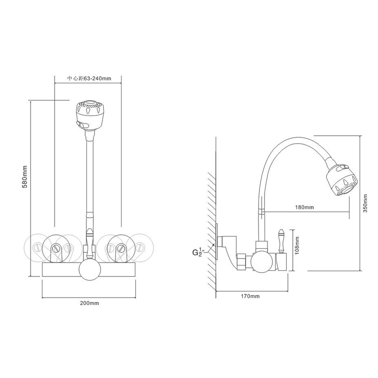grifo Cocina Pared,Material De Acero Inoxidable 304 De Grado Alimenticio,Grifo De Cocina Montaje En Pared Con Giratorio 360°,Fría Distancia De 6.3-24cm Entre Dos Orifícios