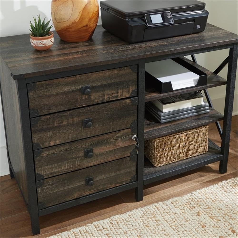 Pemberly Row Small Credenza, Engineered Wood and Metal, Carbon Oak Finish, 3 Drawers with Full Extension Slides, Adjustable Shelves, File Drawer Lock, Industrial Storage for Home Office or Living Room