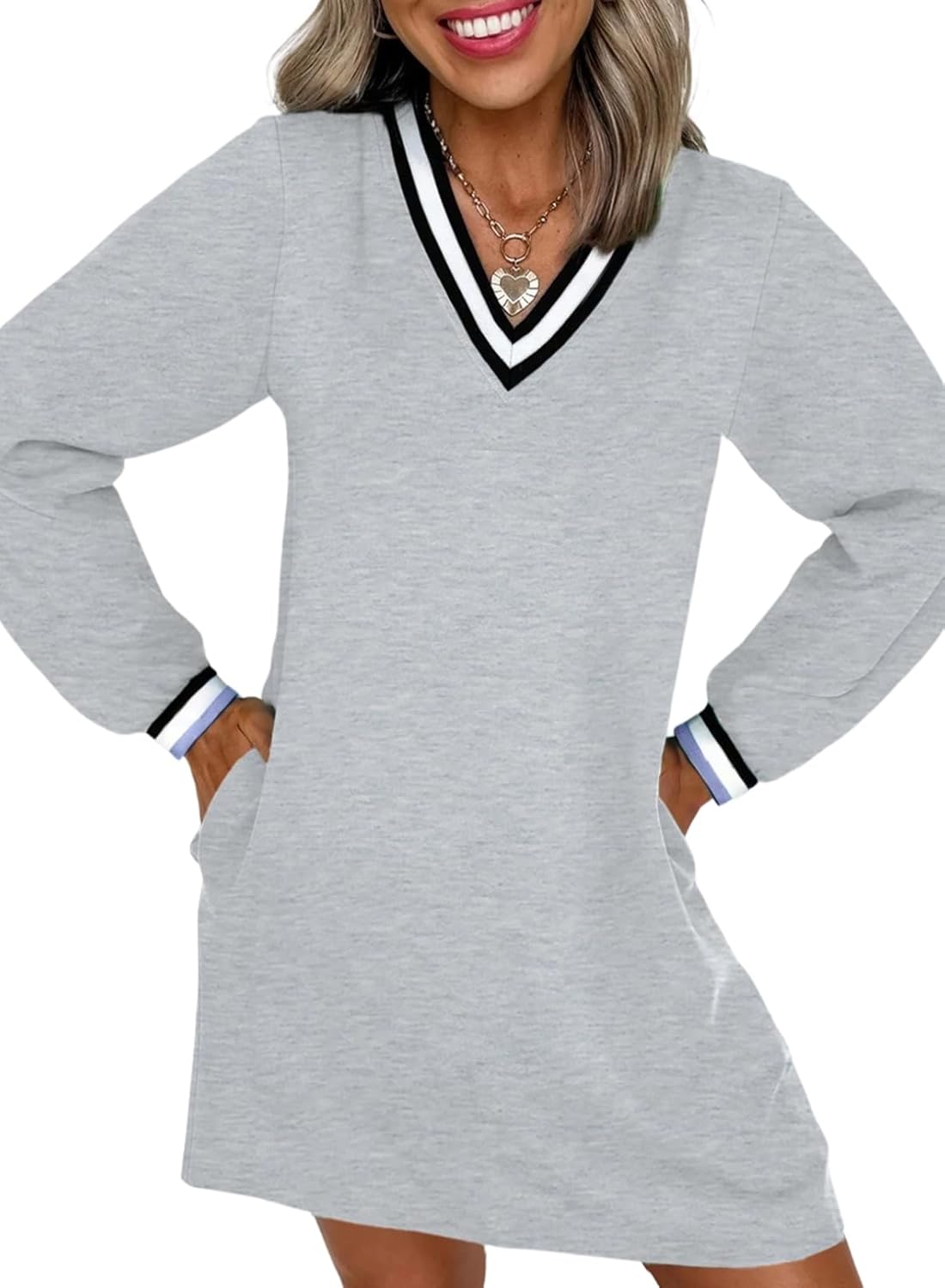 EVALESS Womens Dresses 2026 Spring Fall V Neck Long Sleeve Casual Tshirt Dress Contrast Striped Sweatshirt Dress