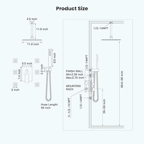 Miniatura 16 de gotonovo Juego de grifo de ducha mezclador de lluvia montado en el techo, color negro mate, cabezal de ducha cuadrado de 12 pulgadas con 6 chorros