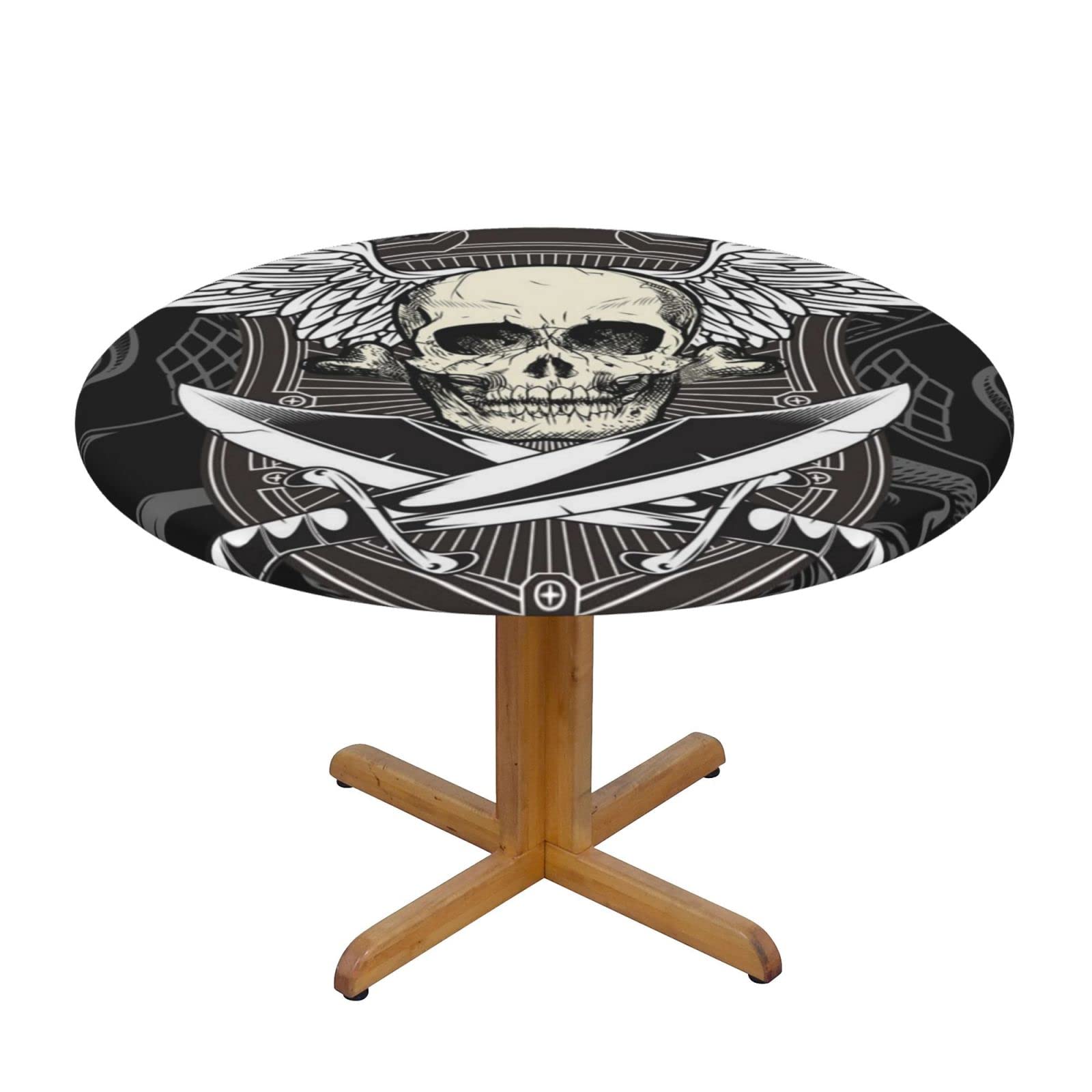 Lsjuee Round Fitted Tablecloth 45-50in Elastic Edged Table Cloth for Kitchen Dining Party Home Decor - Skull SwordWings