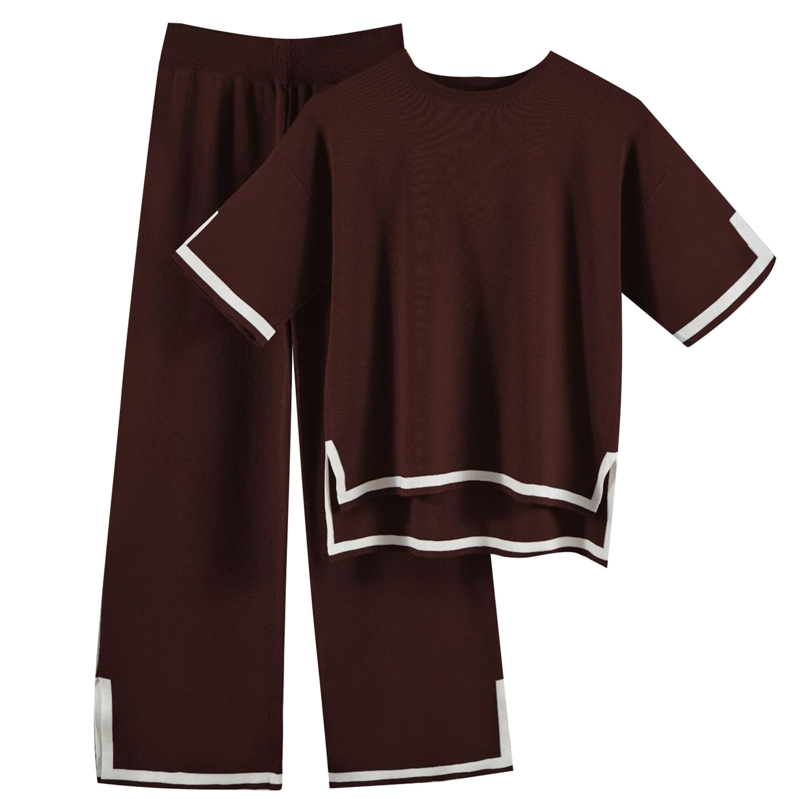 Completo Pantaloni Donna con Top Estivo in Maglia Casual Design a Blocchi e Spacchi Laterali per Uso Quotidiano