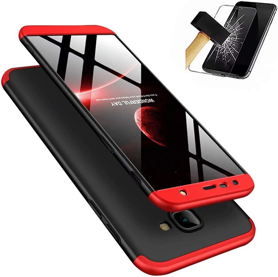 DYGG competible with Case for Samsung Galaxy J4+/j4 plus Case, DYGG 360 protection [Tempered Glass Screen Protector], Black and red