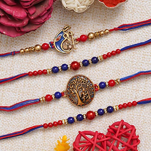 Image of eCraftIndia Set of 4 Golden Laddu Gopal, Lord Krishna Playing Flute, Lord Ganesha, and Shivling Religious Rakhis with Green Red Threads, and Roli Chawal Pack