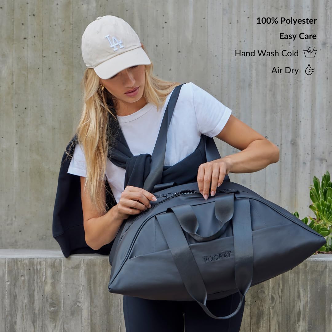 Vooray Studio Duffel Yoga Mat Bag and Gym Tote - features Yoga Mat Strap Handles with Snaps, Front Zipper Pocket, Shoulder Straps and Luggage Sleeve - 25L Capacity - Camel