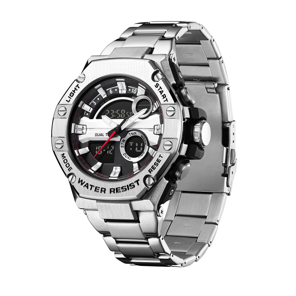 Herrenuhr Silber Edelstahl Digital Uhr Chronograph Herren Armbanduhr Seniorenuhr 5 ATM Wasserdicht Großes Ziffernblatt Militär Leuchtende Klassisch Elegant Elektronisch Analog Quarz Watches for Men