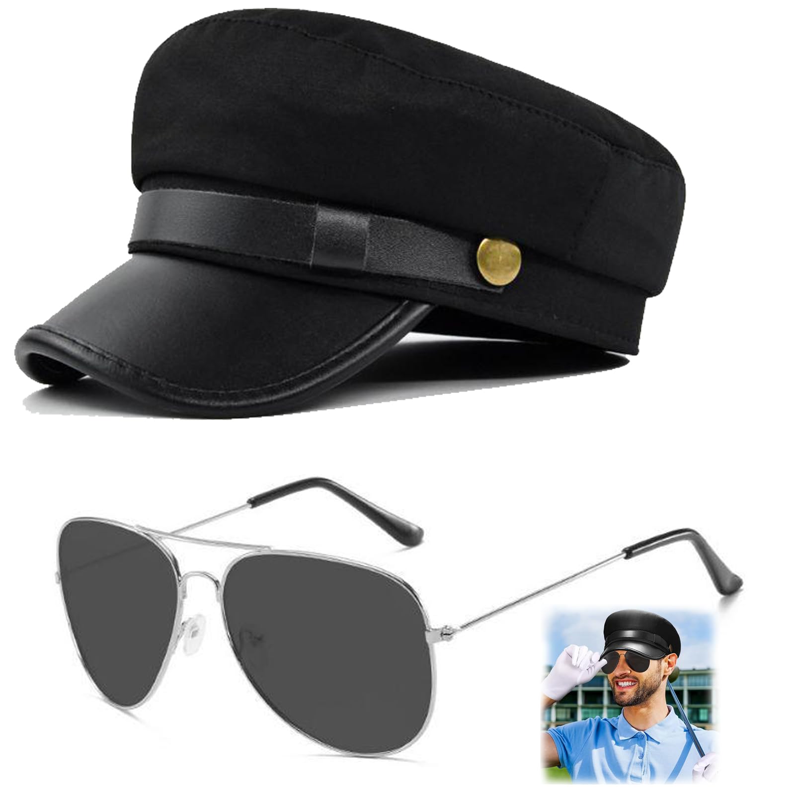 EujRcf 2pcs Chauffeur Costume Accessories Retro Flat Top Cap and Sunglasses, Vintage Limo Taxi Driver Fancy Dress Supplies for Christmas Halloween Disco Theme Party Cosplay Dress Up Costume Kit