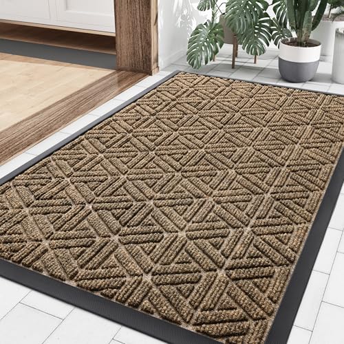 Smiry Front Door Mat Outside Entrance, Heavy Duty Natural Rubber Doormat, Trap Dirt and Moisture Easy Clean Low Profile Patio Porch Welcome Floor Mats for Entry, 36x24 Inch, Brown