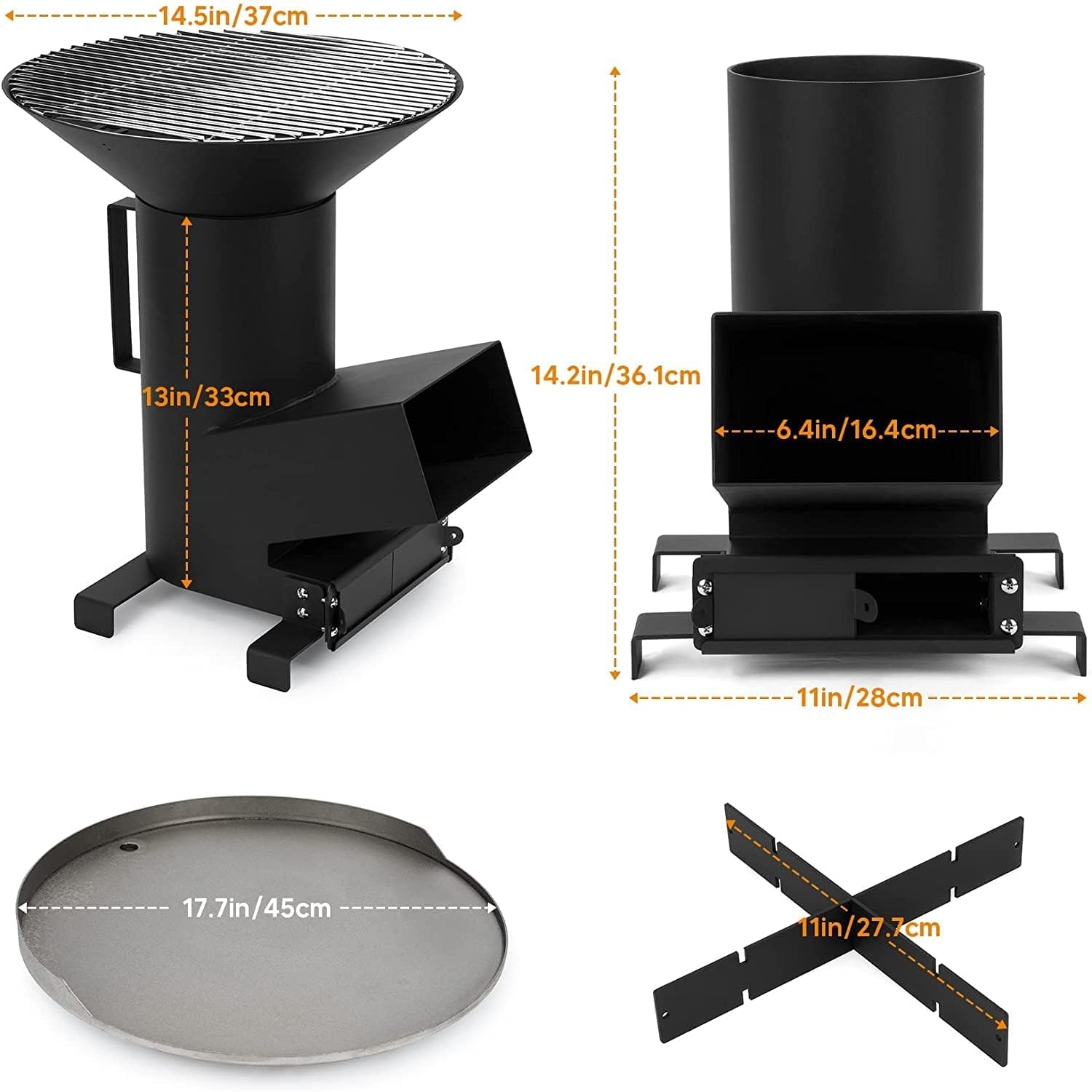 Onlyfire 3-in-1 Raketenofen Campingkocher mit Grillrost & Grillplatte | Effiziente Verbrennung, Multifunktionaler, Für Outdoor Zelten, Kochen
