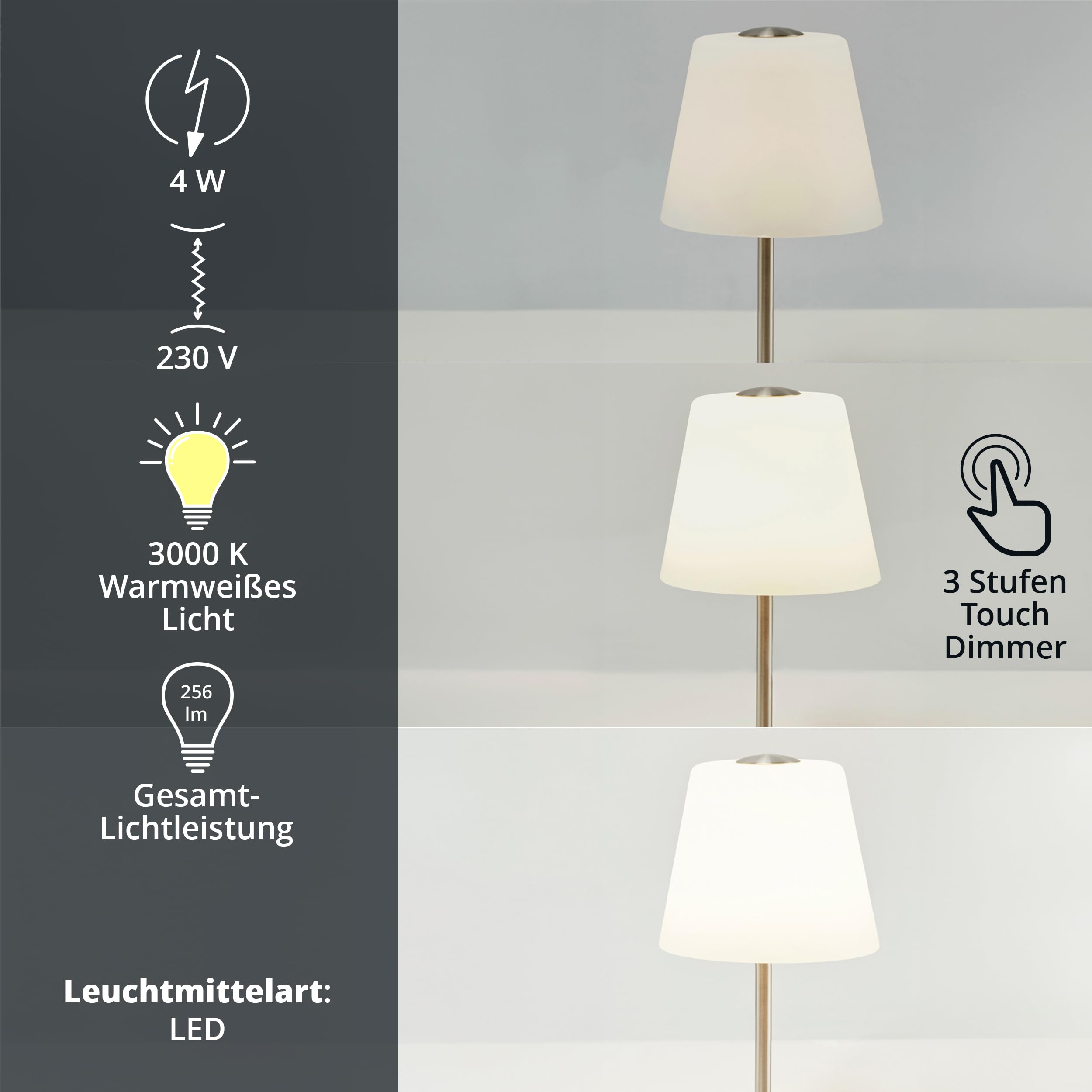 KHG LED-Tischleuchte in Nickel-Matt mit Alabasterglas-Schirm - 3-Stufen-Touchdimmer für individuelle Helligkeit - Energieeffizient & langlebig - 25,5 cm Höhe - Ideal für Nachttisch & Schreibtisch