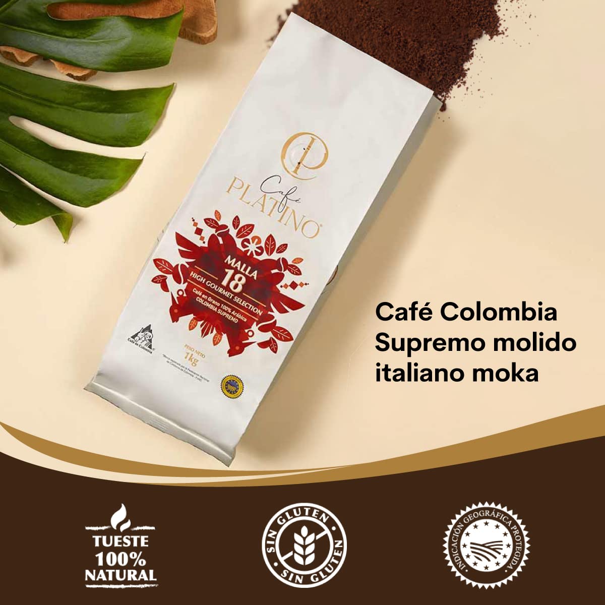 Café Platino - Café Molido de Colombia Supremo Tostado 1Kg - 100% Arábica - Malla +18 High Gourmet Selection