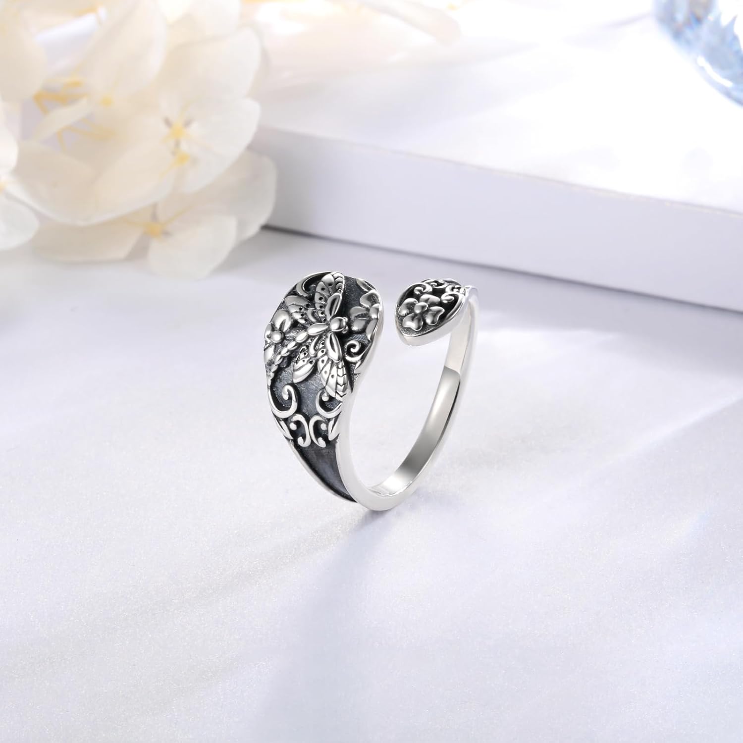 925 Sterling Silver Dragonfly Butterfly Spoon Ring Adjustable Vintage Flower Thumb Antique Boho Style Jewelry Gifts for Women