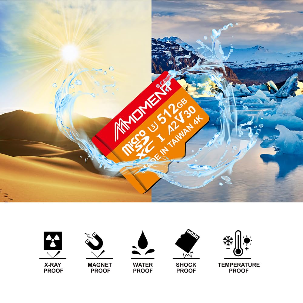 MMOMENT Tarjeta Micro SD de 512 GB, MM23 microSDXC, A2 U3 V30, 160 MB/s, UHS-I | Para video 4K, cámaras de acción y drones, hasta 160 MB/s de lectura y 120 MB/s de escritura, adaptador SD incluido