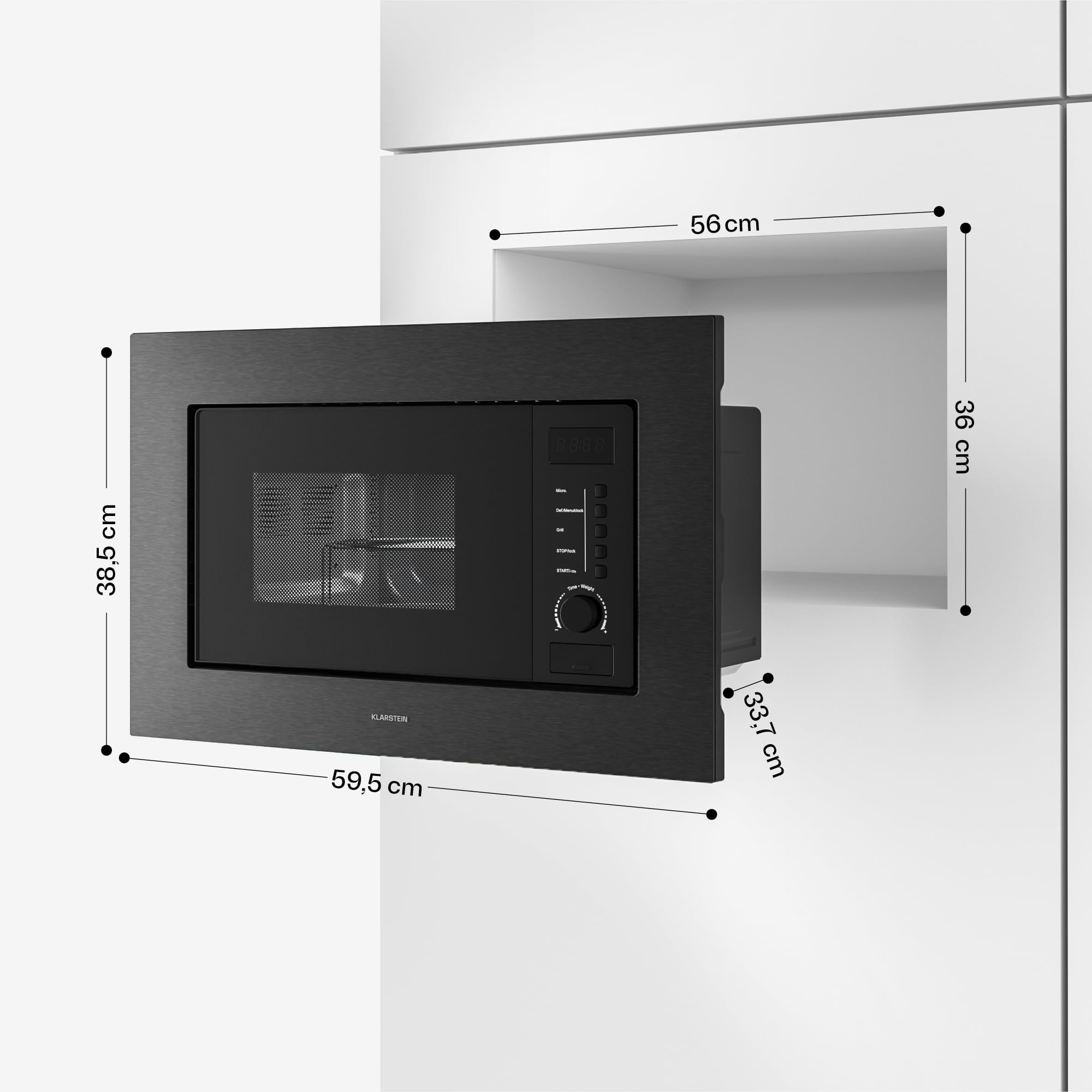 Klarstein Verosteel Micro Onde Encastrable avec Grill – 20L, 700W, 8 Programmes, Commande Tactile, Acier Inox, Plateau Verre, Four Micro Ondes Encastrable, Acier Inoxydable Noir