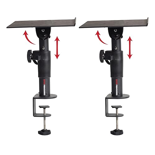 Gator Frameworks Desktop Clamp-On Studio Monitor and Speaker Stand with EVA foam Padded Surface, Angle Adjustable from 0° to 15° – Set of 2 (GFWSPKSTMNDSKCMP)