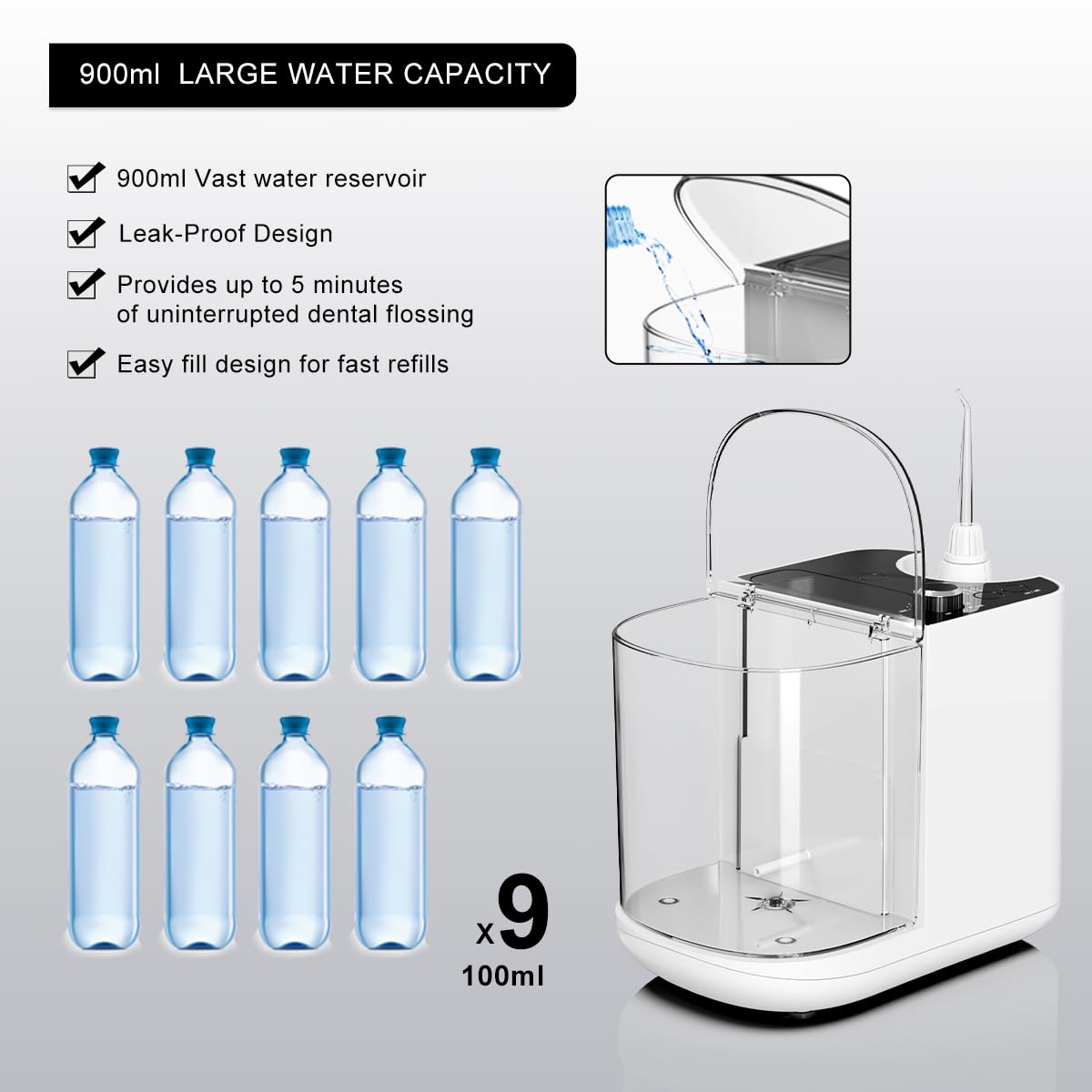 Versione aggiornata 900 ml filo interdentale da bancone, idropulsore professionale con custodia e 6 punte a getto
