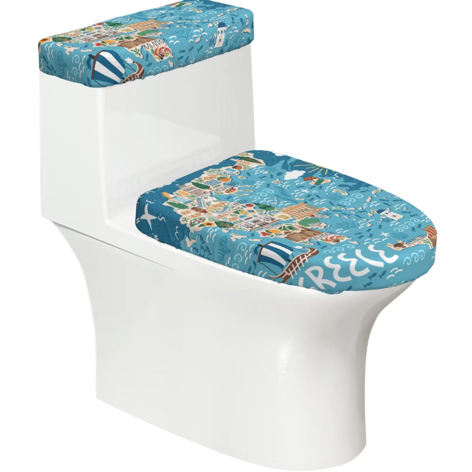 Greece Map Printed Toilet Tank and Lid Cover Set of 2 for Most Bathrooms, Fits Elongated Round Toilets