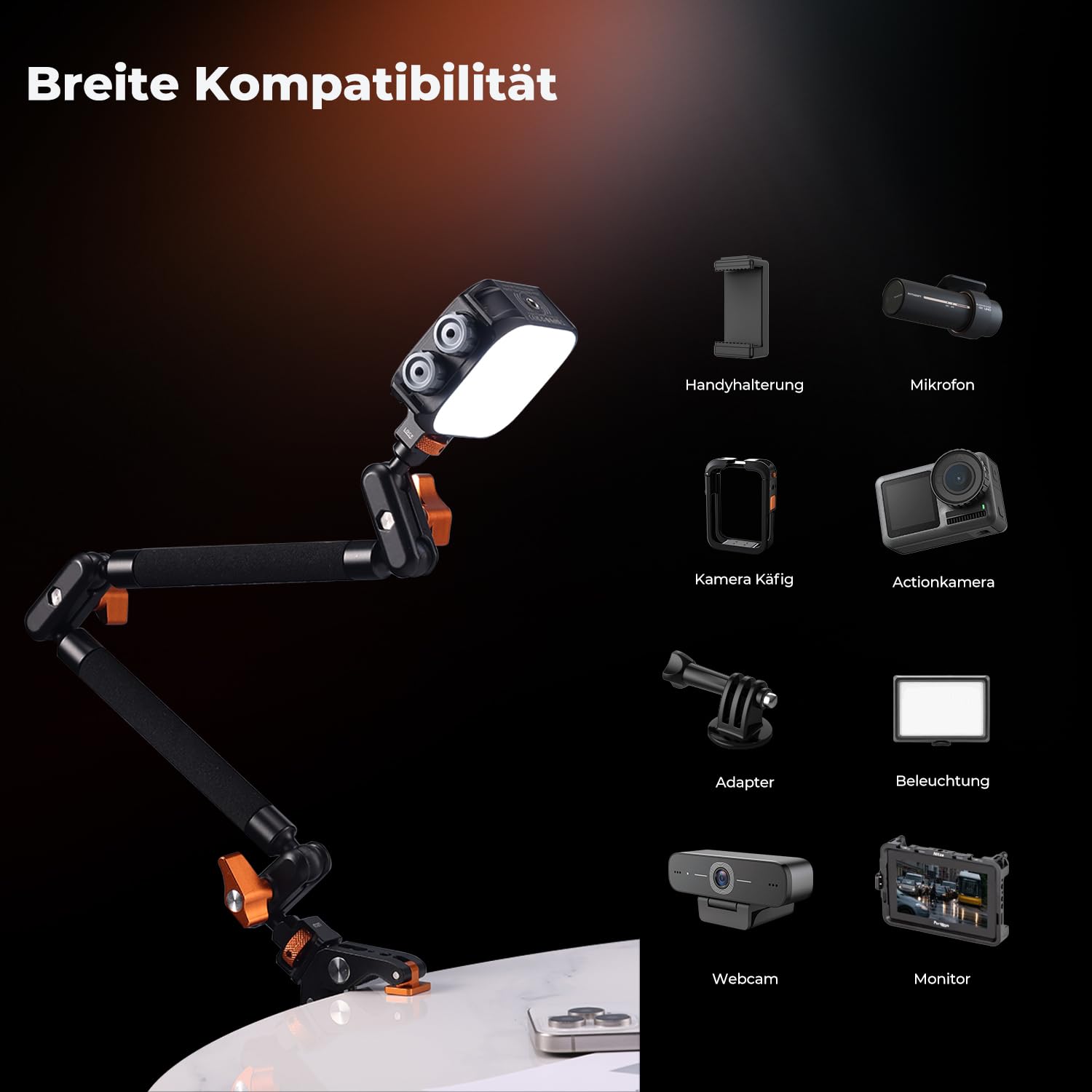 K&F CONCEPT 22" Magic Arm mit Klemme, Spezial für Tischkamera, Monitor arm, Mikrofon arm, Handyhalterung mit Doppel Kugelkopf, Schwenkarm kompatibel mit iPhone Monitor Mikrofon Action Kamera Leuchte