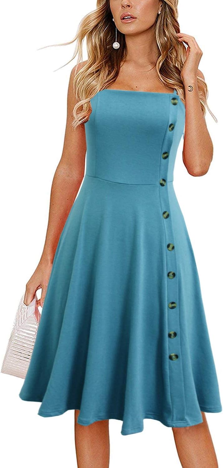 Women's Casual Summer Beach Flattering Flowy A-Line Spaghetti Straps Solid Cotton Button Down Midi Sundress - Image 3