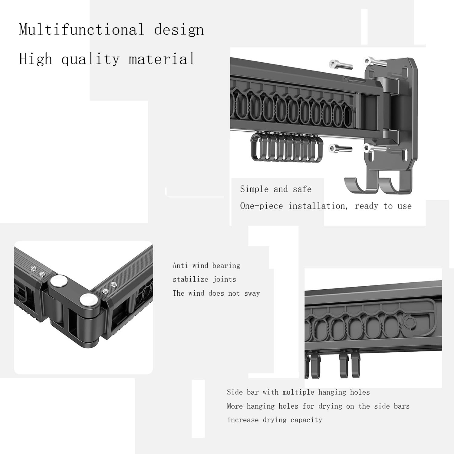 An der Wand montierter, zusammenklappbarer Flügel-Wäscheständer, zusammenklappbarer Wäscheständer aus Aluminiumlegierung, 16 + 45 Haken, platzsparender Wäscheständer for den Innenbalkon(Silver)