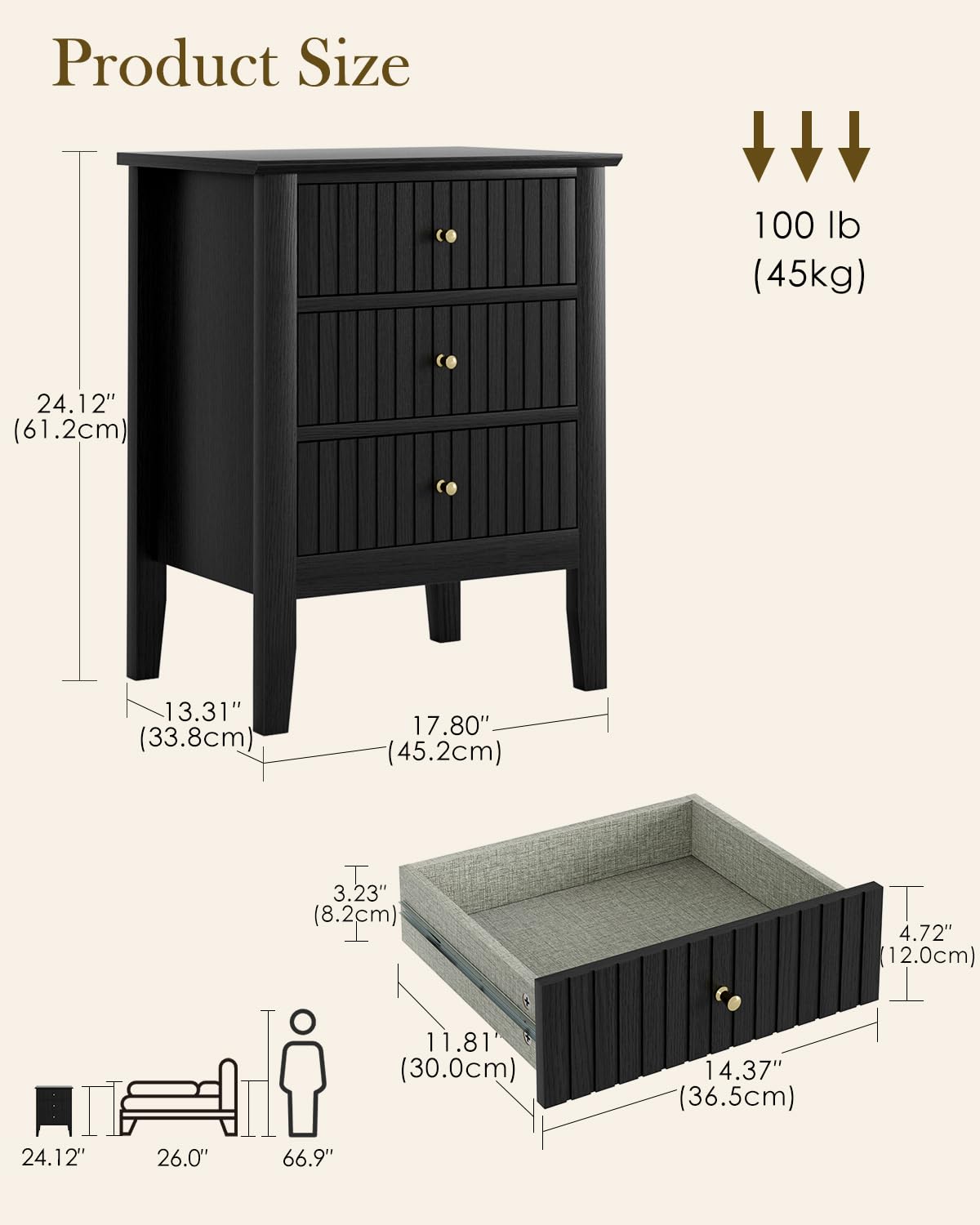 HEYZOEY Vintage Nachttisch mit 3 Schubladen, Retro Nachtkommode in Schwarz, Beistelltisch für Schlafzimmer und Wohnzimmer, 45 x 33 x 61 cm