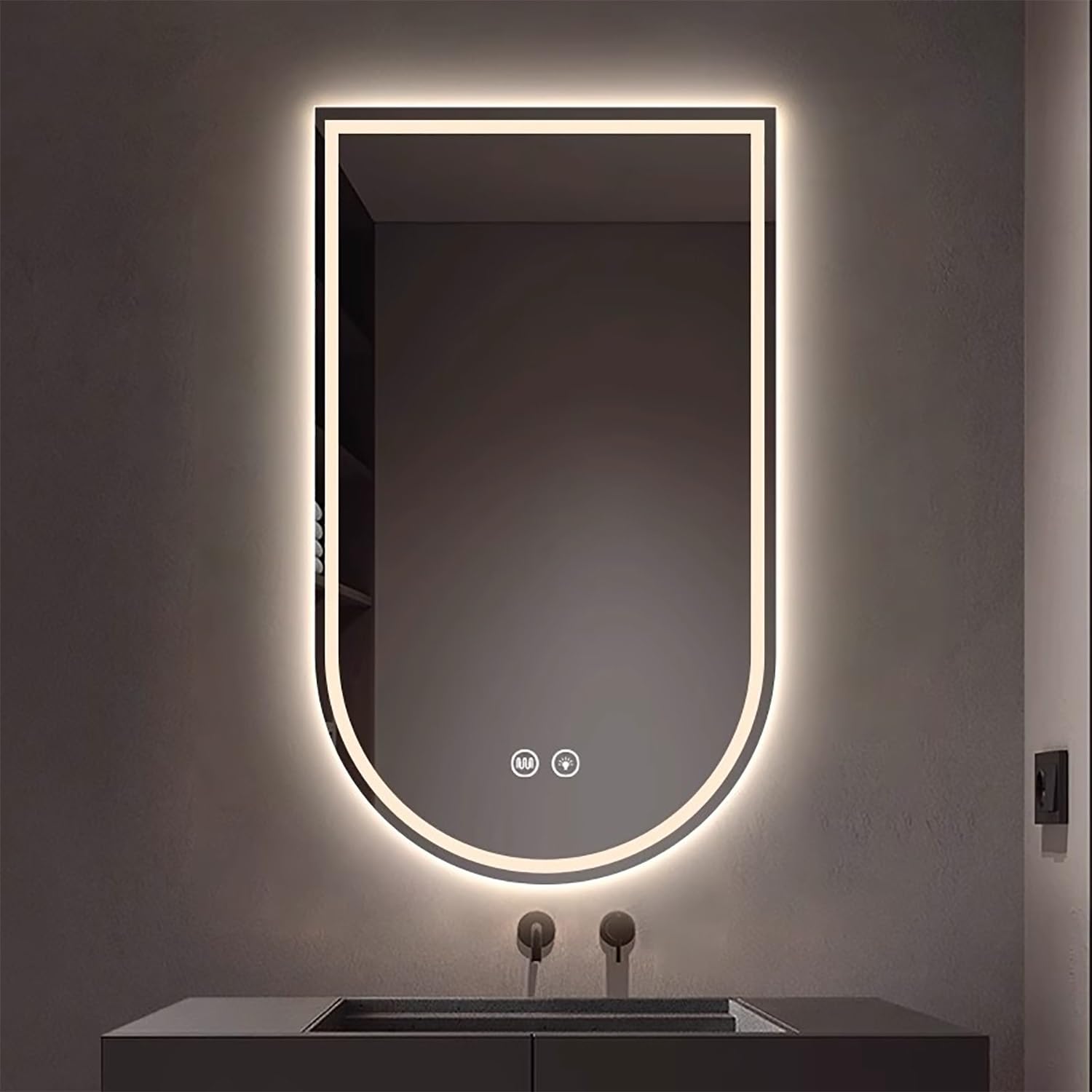 WQZzjm Illuminated Bathroom Mirror with 3 Color Dimming, AntiFog LED WallMounted, Curved Design, Vertical/Horizontal Installation for Modern Spaces (Cut Up 80x130cm)