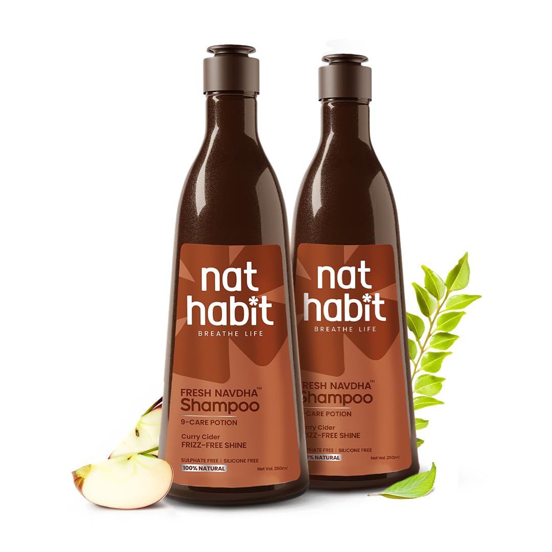 Nat Habit Curry Cider Navdha Shampoo for Breakage Control & Shiny Hair| Apple Vinegar & Fermented Soy| Amla Reetha Shikakai Herbal Shampoo for Women & Men|Natural ACV for Deep Conditioning|Pack of 2 X 250ml
