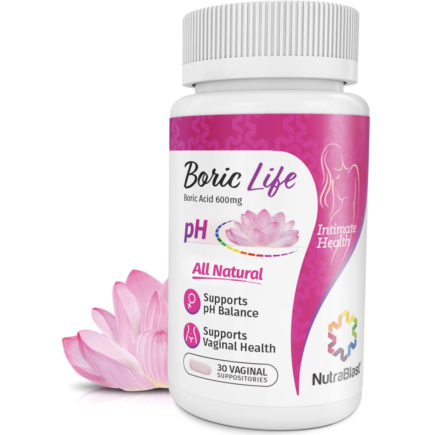 NutraBlast Boric Acid Vaginal Suppositories - 30 Count, 600mg - Boric Life Intimate Health Support