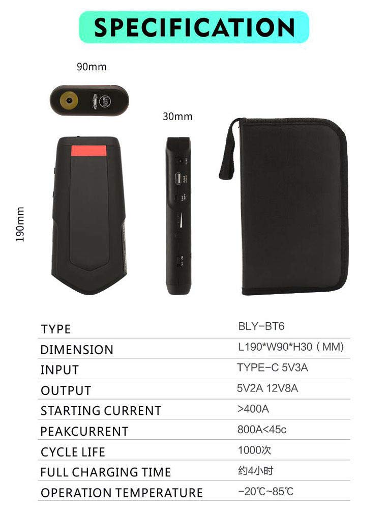 Booster Batterie Voiture - 800A 13200mAh Portable Jump Starter, Démarrage de Voiture, Alimentation Eléctrique d'urgence pour Voiture avec Lamp LED [Classe énergétique A+++],12000mAh