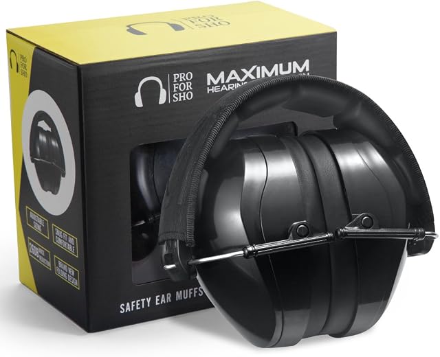 Pro For Sho All Terrain Safety Ear Protection - LARGER Size Foldable Ear Muffs Much Lighter Weight & Maximum Hearing Protection, Black