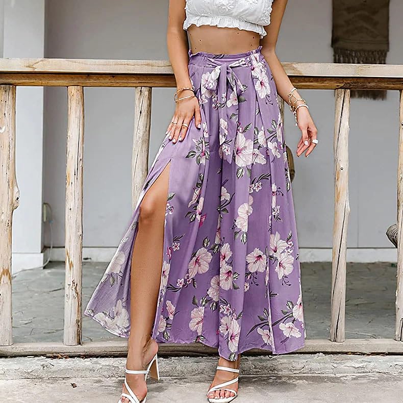 Women's Floral Side Split Slit Flowy Wide Leg Pants Boho Tie Front High Waist Pleated Wide Leg Pant with Belt2