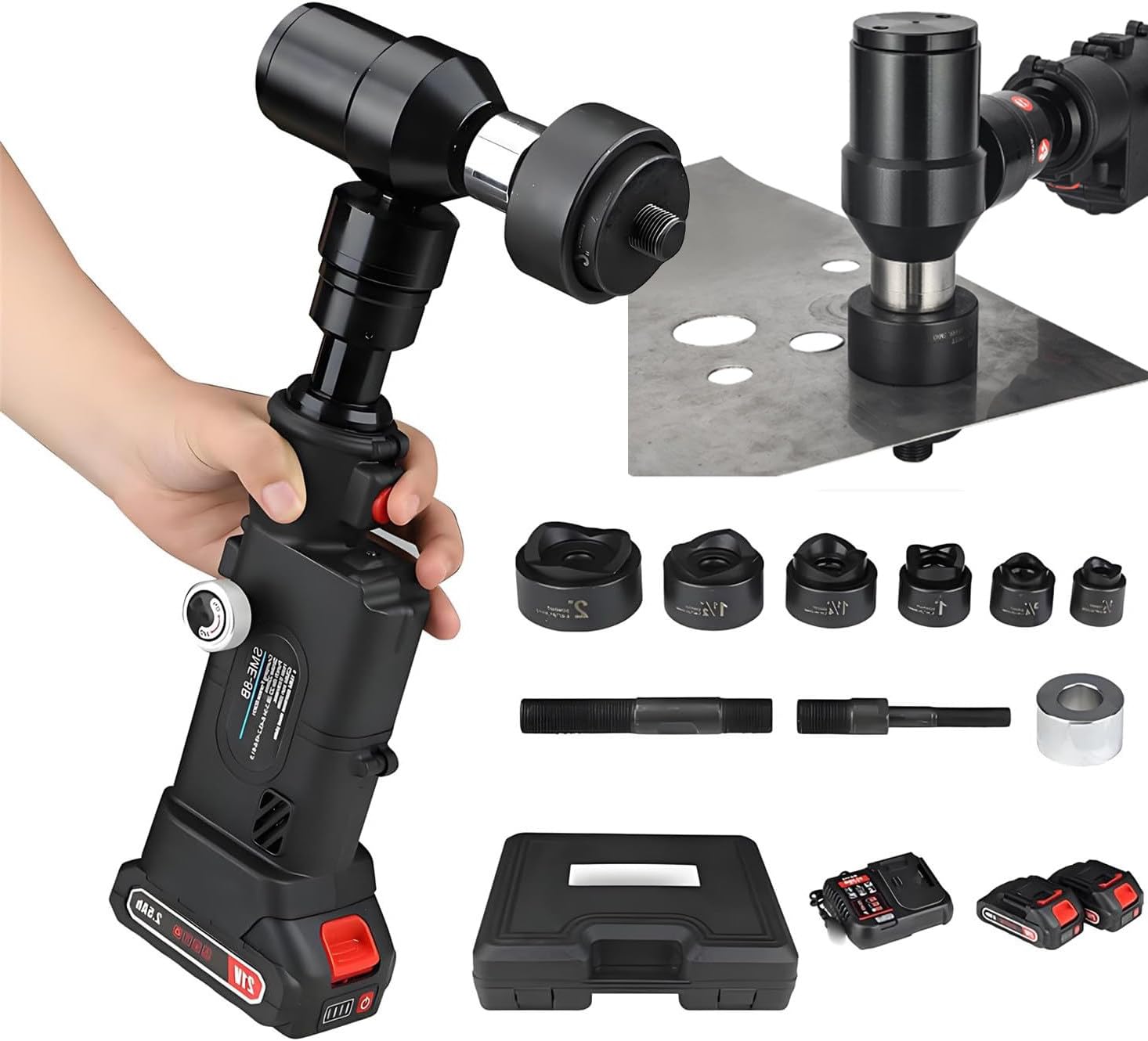 YXYLJOZ Cordless Hydraulic Punch Tool,22mm Stroke Hydraulic Punch Tool,Automatic Pressure Relief with 6 Dies (Φ22-60mm) & 21V 2x2500mAh Battery, Cordless Metal Hole Punch for Q235 Steel