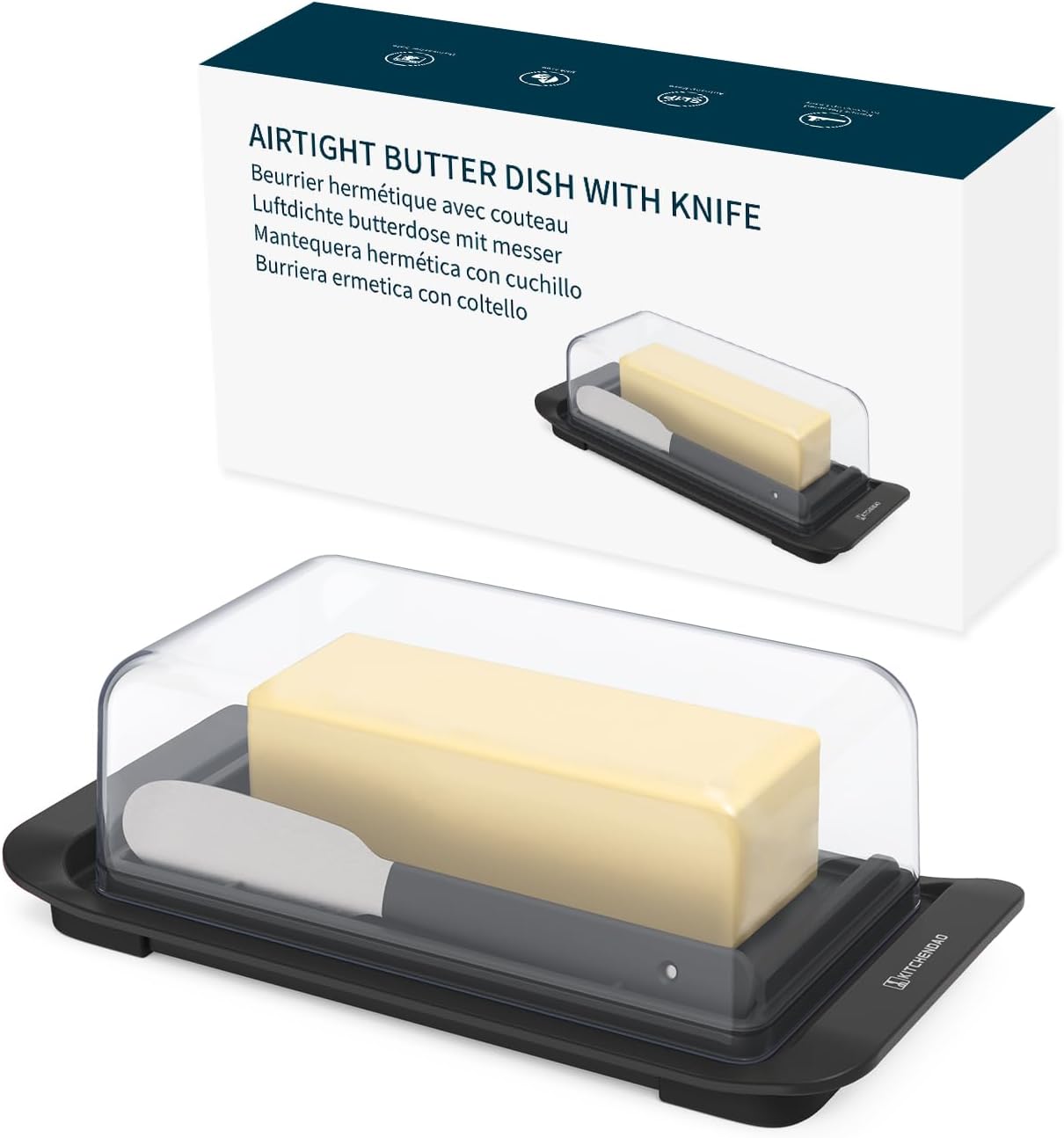 KITCHENDAO Airtight Butter Dish with Lid and Knife, Plastic Butter Dish for Countertop and Refrigerator, Keep Butter Fresh, Easy Scoop-Dishwasher Safe-butter Tray for West/ East Coast Butter, Black