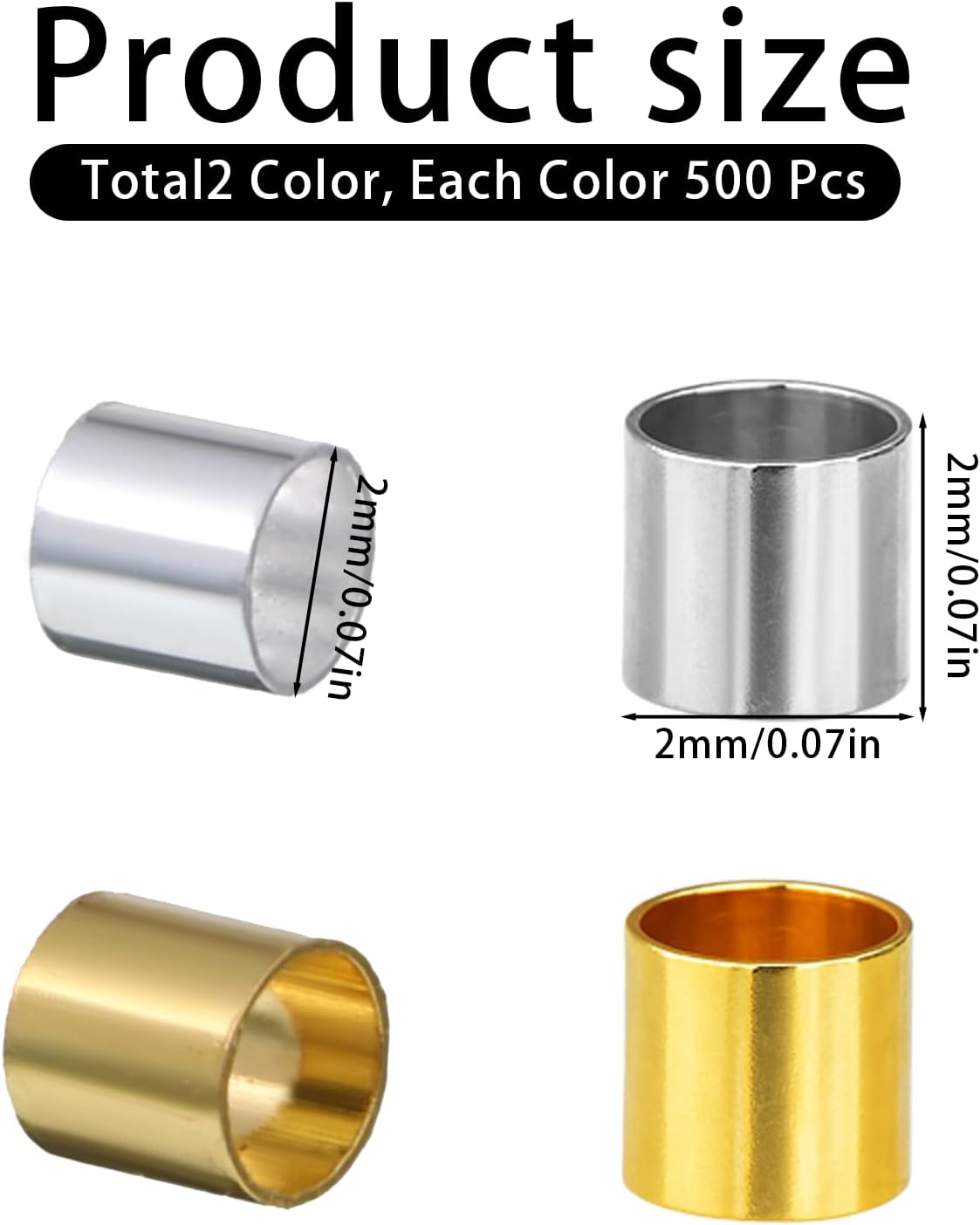 1000 Pcs Crimp Tube Beads for Jewelry Making, 2x2 mm Gold and Silver Round Crimp Beads, Plated Brass Tube Bead, Crimping Bead, Column Stoppers to Secure The Ends of Jewelry Strings, DIY Bracelet image 2