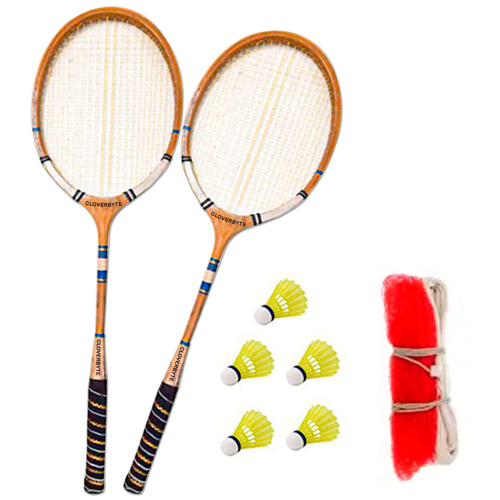 CLOVERBYTE Wood Racket 2 Piece With 5 Shuttles And Badminton Nylon Net Badminton Kit, Multicolor (B0C2JKFP8F) Amazon Price History, Amazon Price Tracker