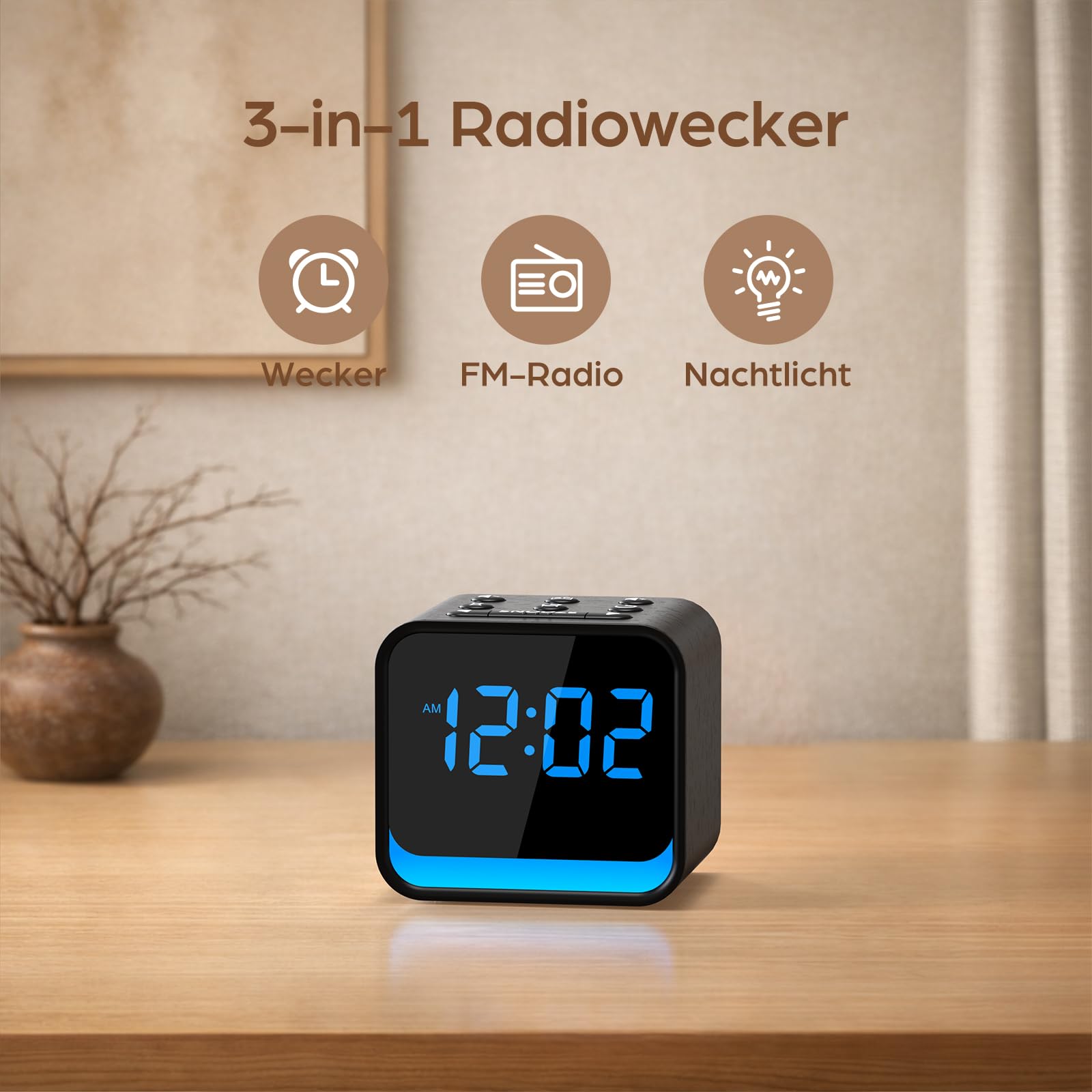 DOUMOSH Radiowecker Holzoptik mit Naturklängen & dimmbares Display - Sanftes Aufwachen mit steigender Lautstärke, digitaler Wecker mit Nachtlicht, Kompaktes Design für den Nachttisch