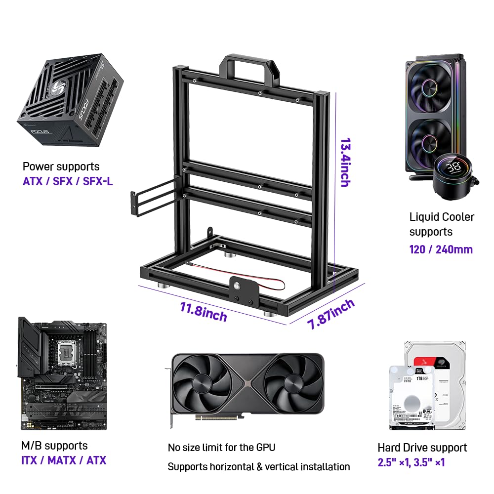 Banco de pruebas de aluminio para PC, carcasa de PC al aire libre, chasis de computadora de marco abierto, montaje en rack de servidor Techbench horizontalmente 240 líquidos, carcasa de PC para placa