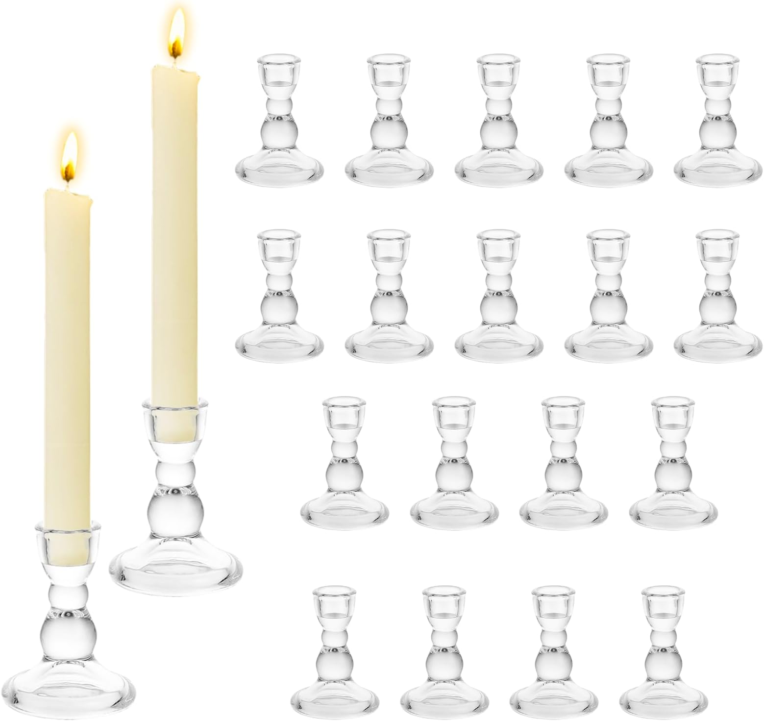 Hewory Glass Candle Holders for Candlestick: 20pcs Taper Candlestick Holders Bulk Clear Candle Sticks Holder for Wedding Centrepieces Party Christmas Table Décor