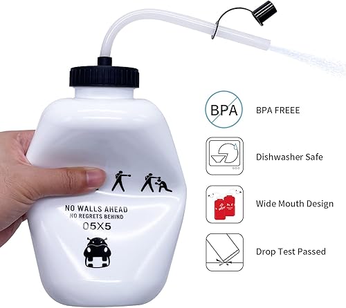 Miniatura 8 de SHOKE Botellas de agua deportivas para boxeo, con popote largo, sin BPA, exprimible de 1 litro, botella de agua de hockey de plástico a prueba de